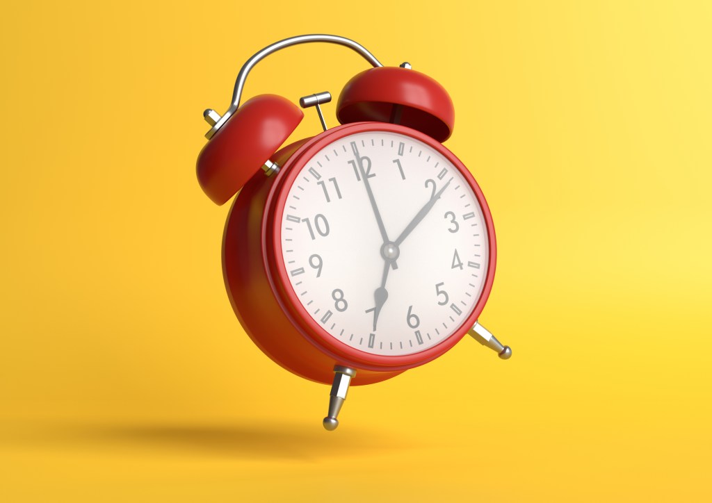 Vintage red alarm clock falling on floor with bright yellow background in pastel colors. Minimal creative concept. illustration of 3D rendering