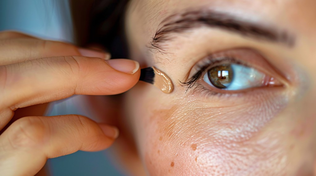 A woman applying concealer under her eyes